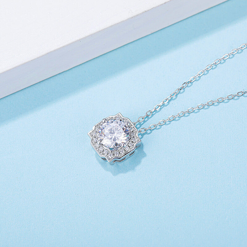 Round Moissanite Halo Bezel Sterling Silver Necklace