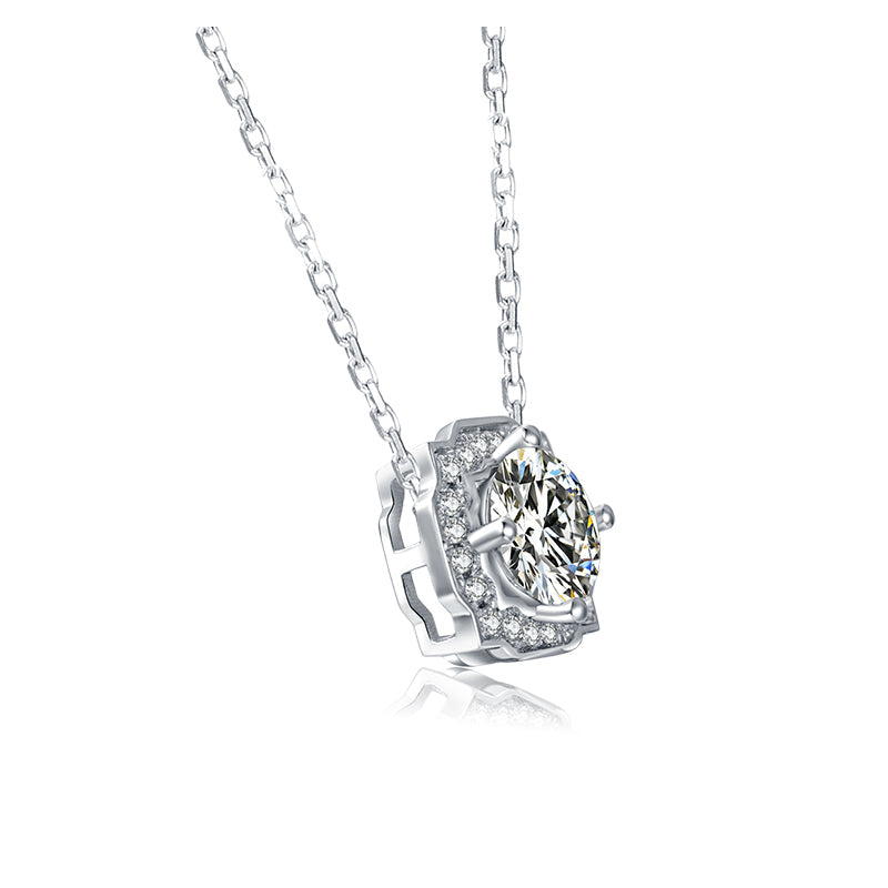 Round Moissanite Halo Bezel Sterling Silver Necklace