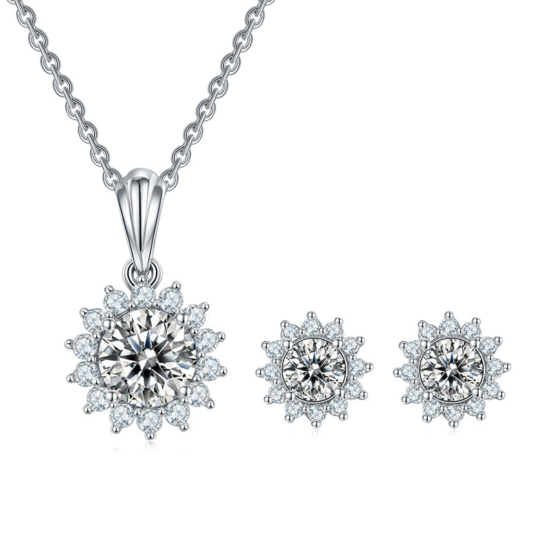 Round Moissanite Halo Sunflower Sterling Silver Necklace