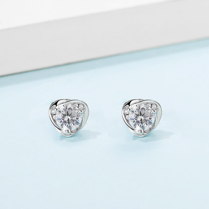 Round Moissanite Heart-Shape SideStone Sterling Silver Stud Earrings