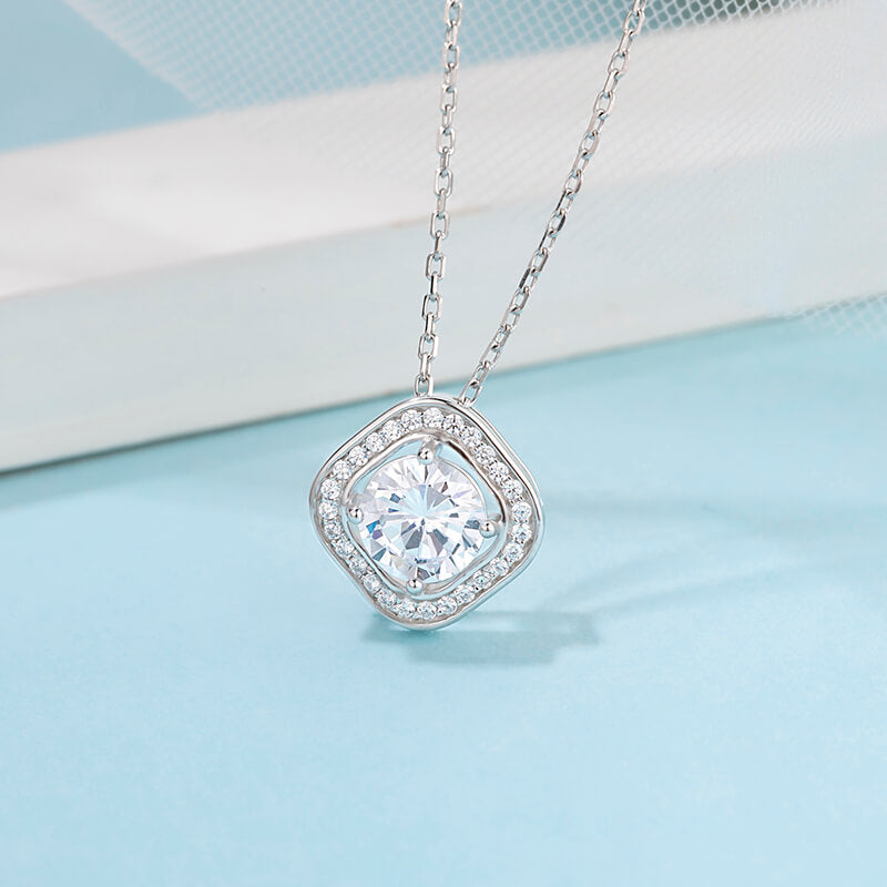 Round Moissanite Square Halo Sterling Silver Necklace