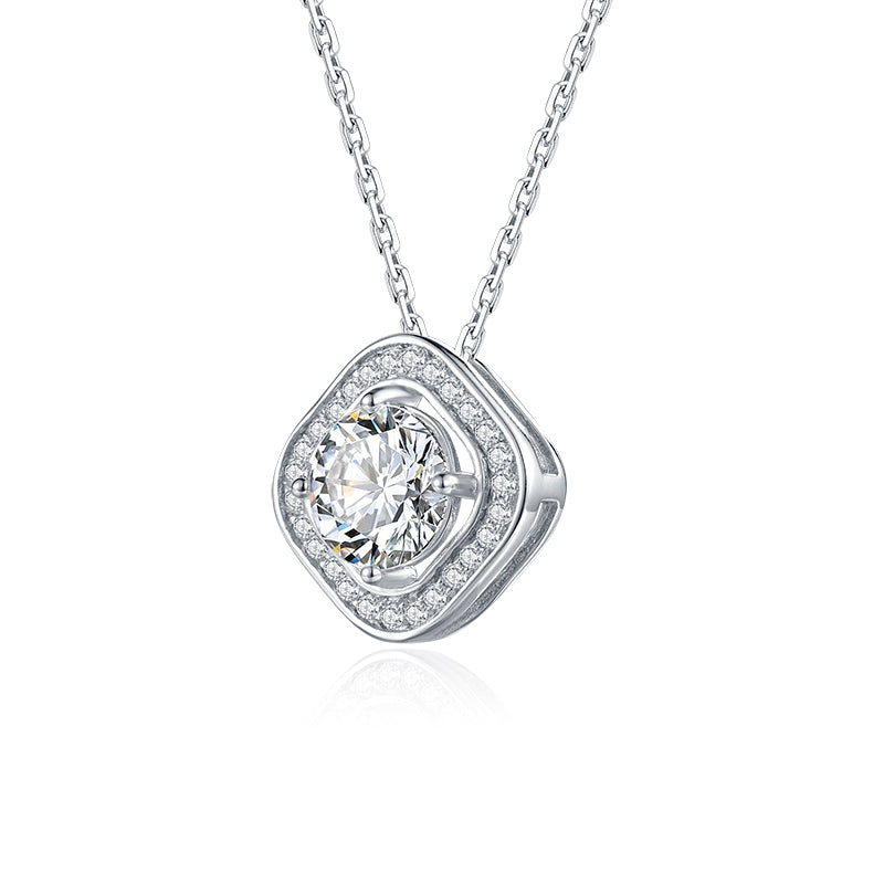 Round Moissanite Square Halo Sterling Silver Necklace