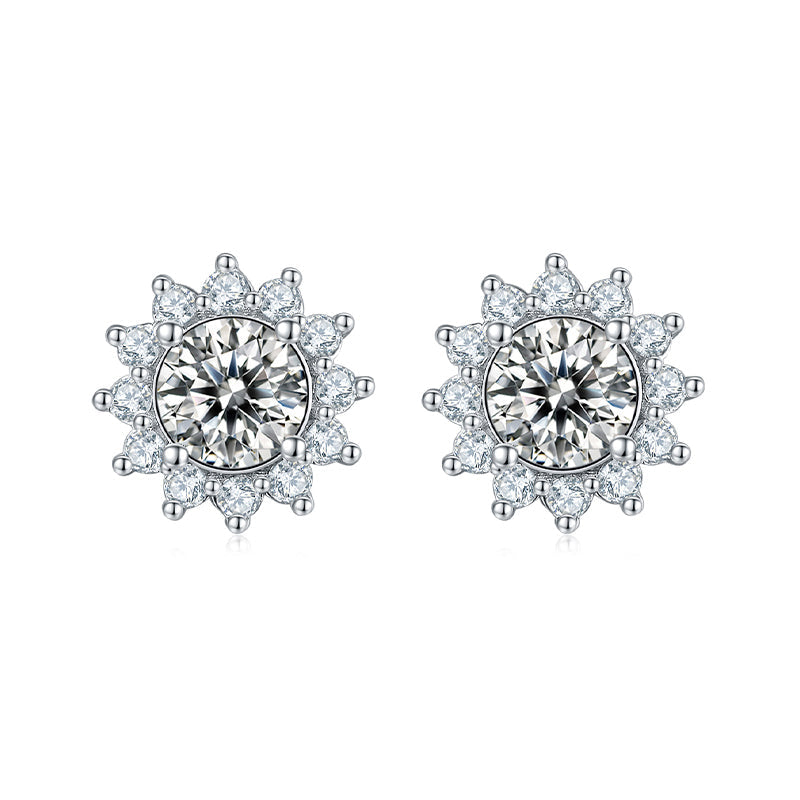 Round Moissanite Halo Sunflower Sterling Silver Stud Earrings