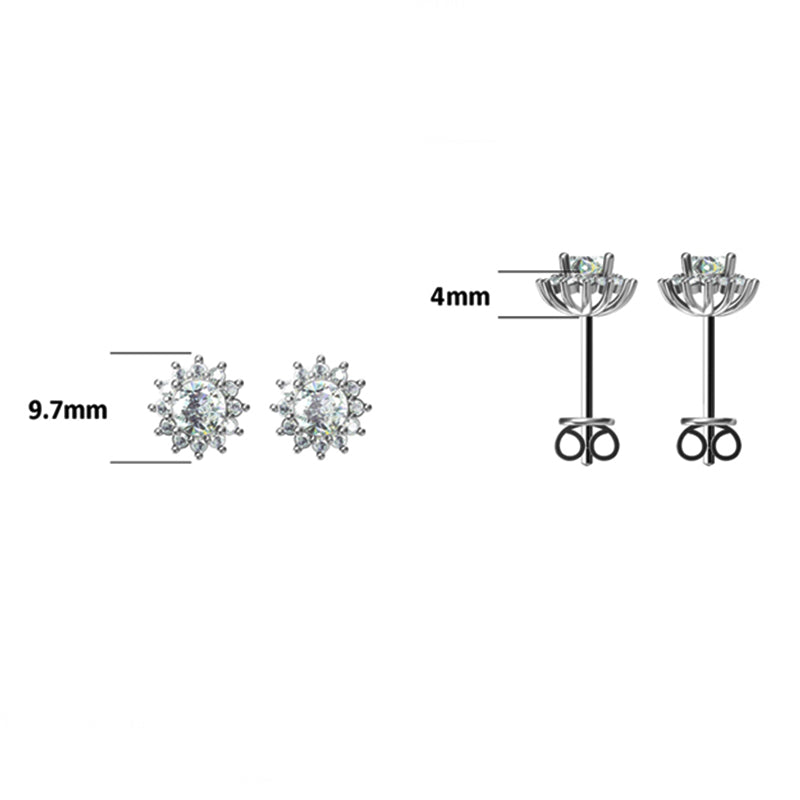 Round Moissanite Halo Sunflower Sterling Silver Stud Earrings