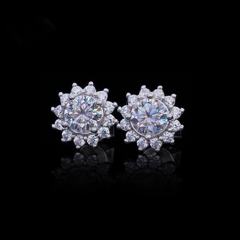 Round Moissanite Halo Sunflower Sterling Silver Stud Earrings