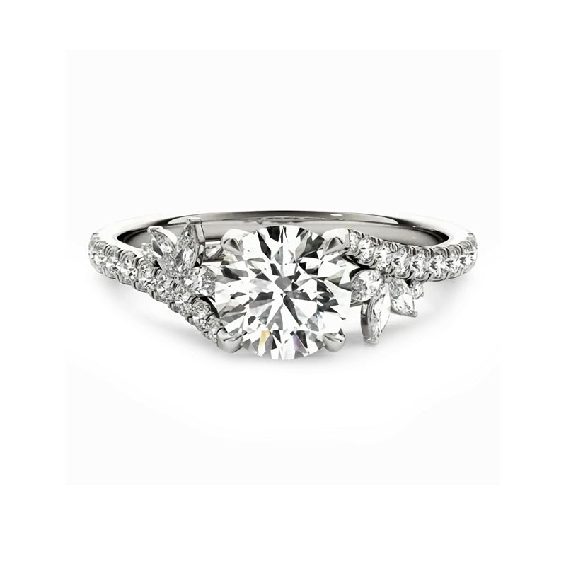 Round Moissanite With Marquise Accents Pave Engagement Ring