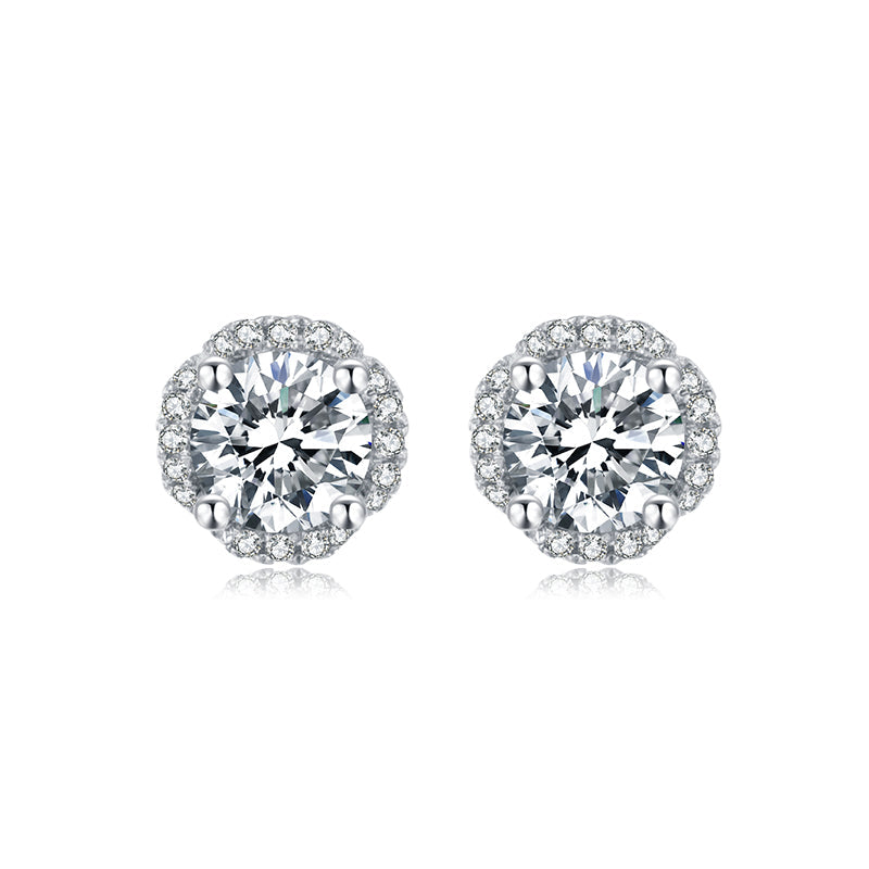 Halo Round Moissanite Sterling Silver Stud Earrings