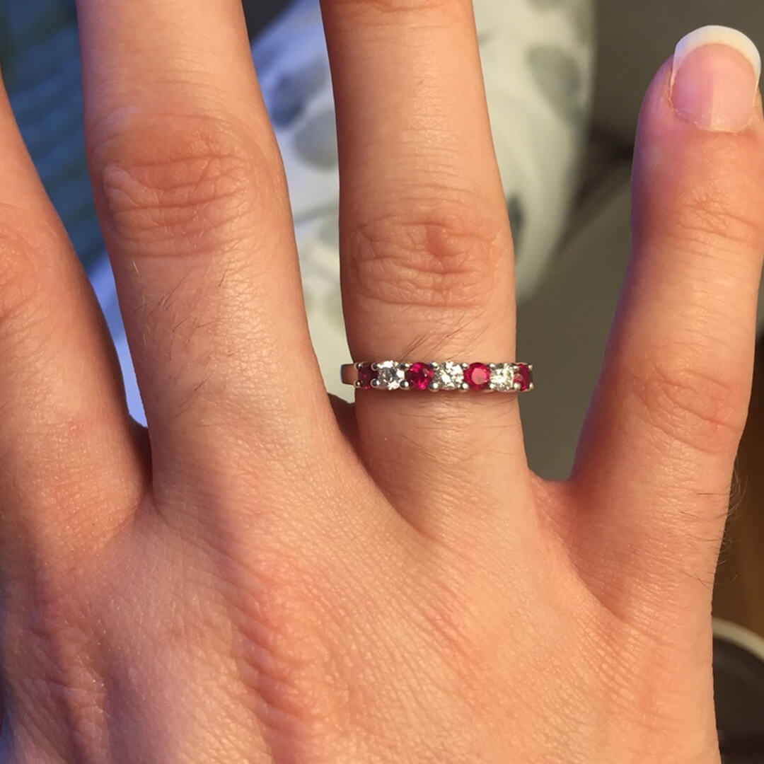 Seven Stone Moissanite and Ruby Wedding Band Ring In Sterling Silver