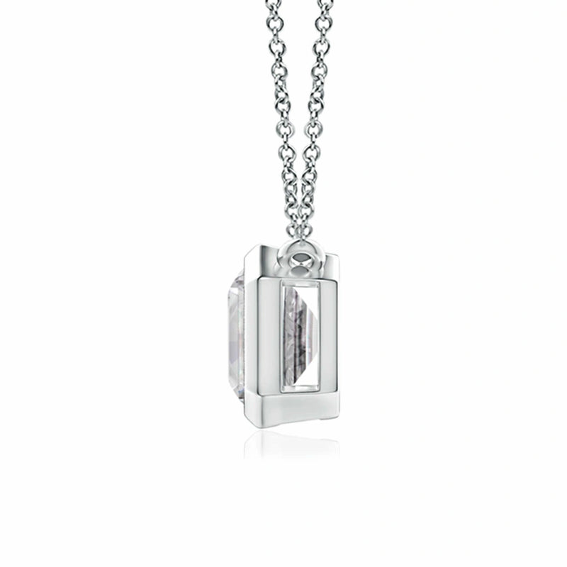 Solitaire Bezel Emerald-Cut Moissanite Necklace In Sterling Silver