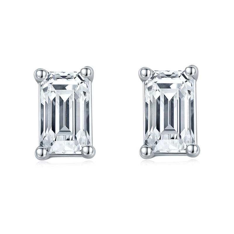 Solitaire Emerald Cut Moissanite Stud Earrings In Sterling Silver