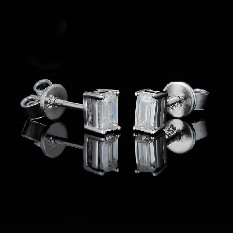 Solitaire Emerald Cut Moissanite Stud Earrings In Sterling Silver