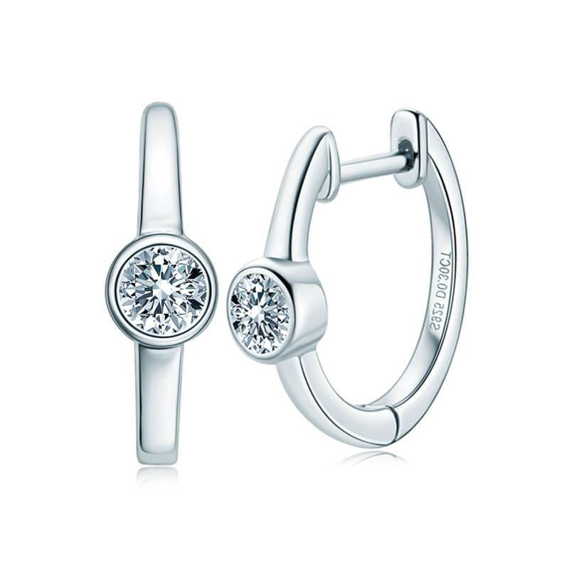 Solitaire Huggie Bezel Moissanite Hoop Earrings In Sterling Silver