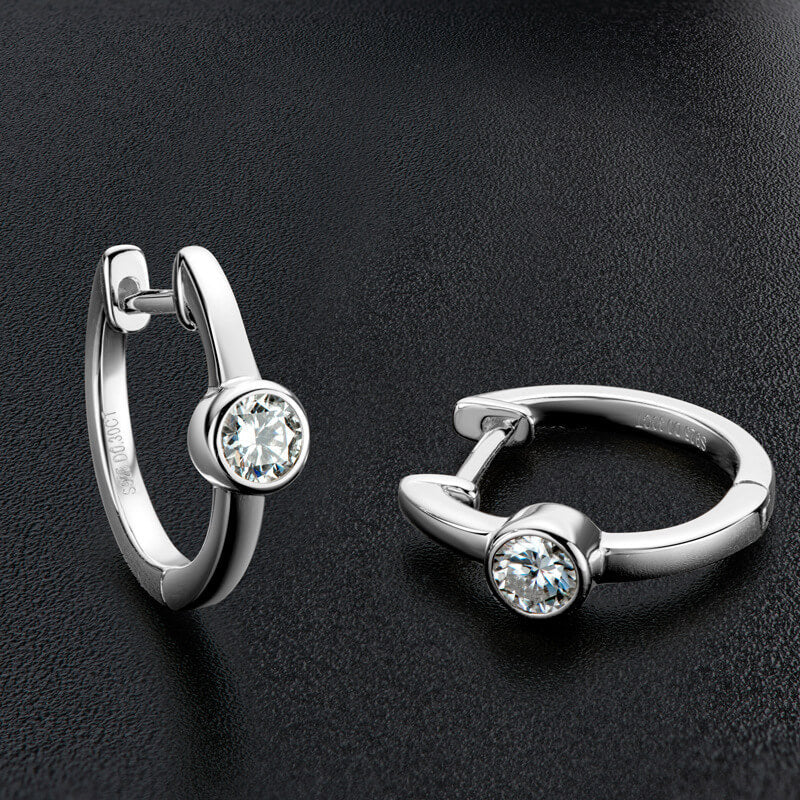 Solitaire Huggie Bezel Moissanite Hoop Earrings In Sterling Silver