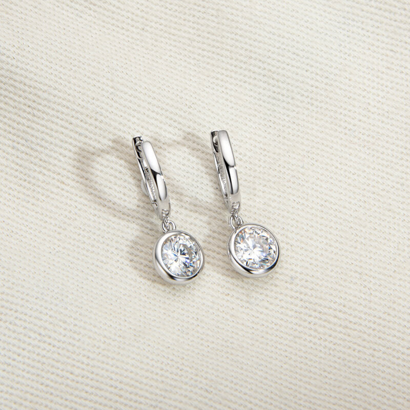 Solitaire Moissanite Bezel Drop Huggie Hoop Earrings In Sterling Silver