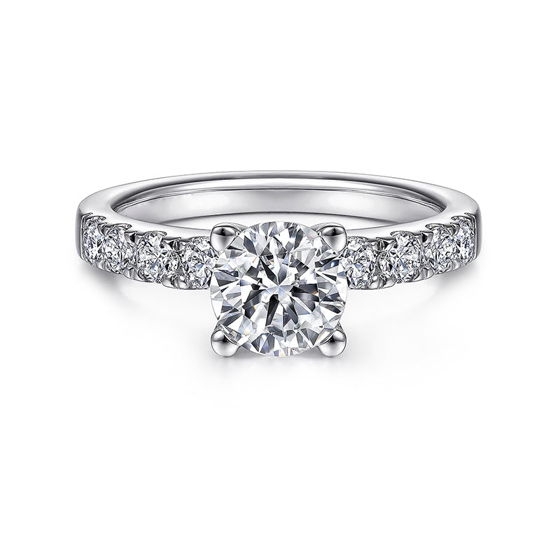 Solitaire Round Moissanite Four Prong Pave Engagement Ring