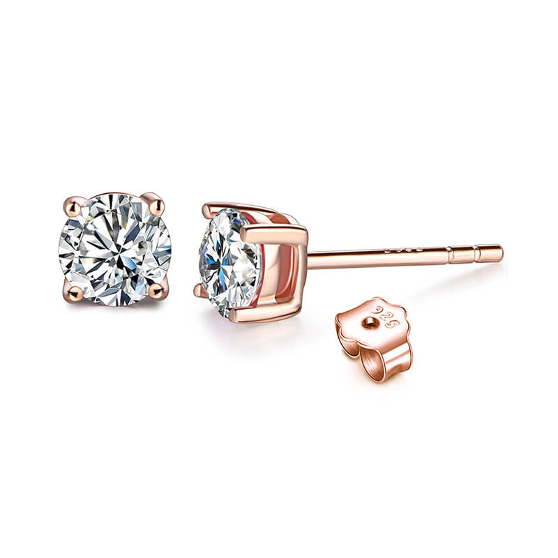 Solitaire Round Moissanite Four Prong Sterling Silver Stud Earrings