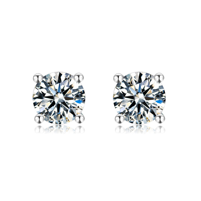 Solitaire Round Moissanite Four Prong Sterling Silver Stud Earrings