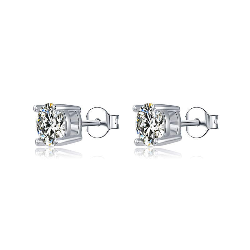 Solitaire Round Moissanite Four Prong Sterling Silver Stud Earrings