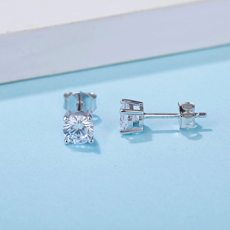 Solitaire Round Moissanite Four Prong Sterling Silver Stud Earrings