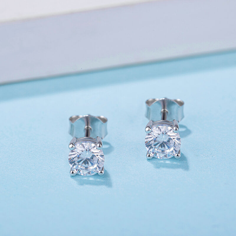 Solitaire Round Moissanite Four Prong Sterling Silver Stud Earrings