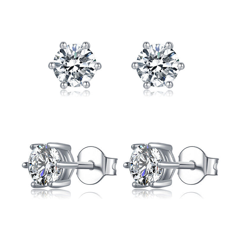 Solitaire Round Moissanite Six Prong Sterling Silver Stud Earrings