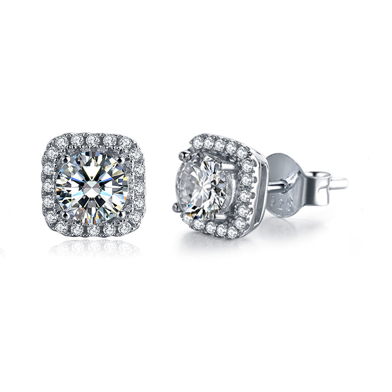 Square Halo Round-Cut Moissanite Sterling Silver Stud Earrings