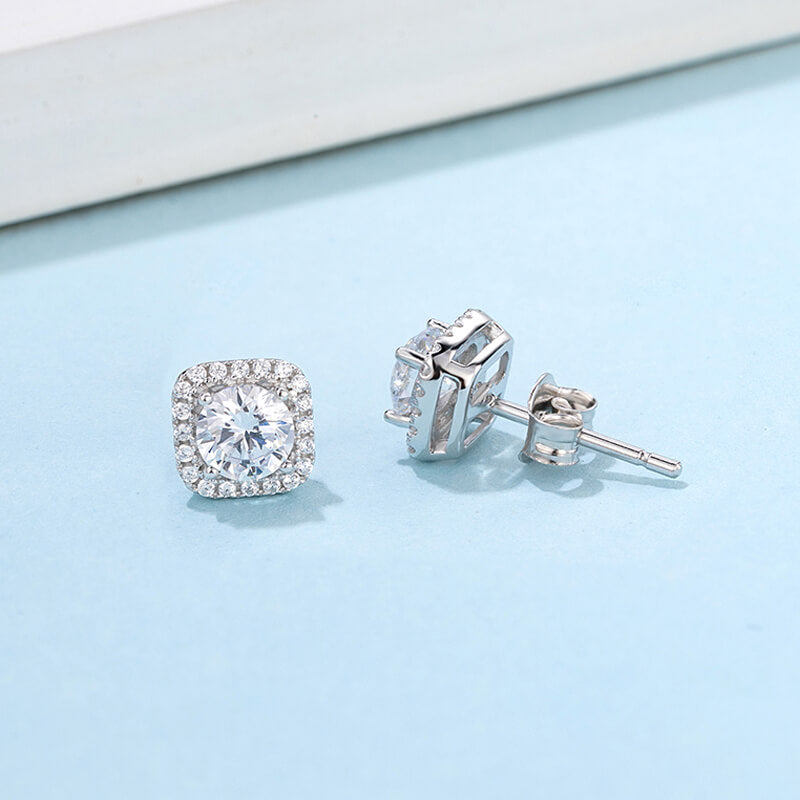 Square Halo Round-Cut Moissanite Sterling Silver Stud Earrings