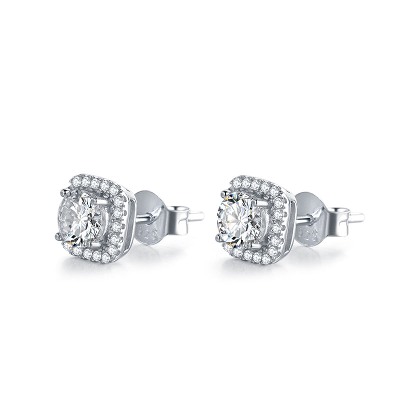 Square Halo Round-Cut Moissanite Sterling Silver Stud Earrings