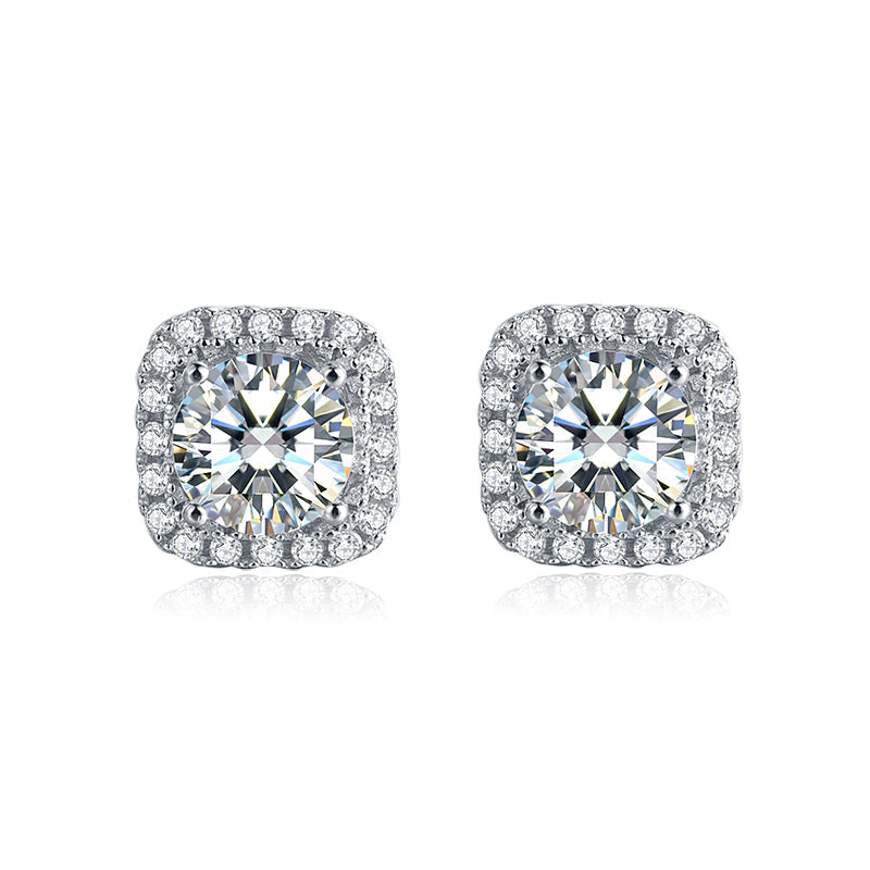 Square Halo Round-Cut Moissanite Sterling Silver Stud Earrings