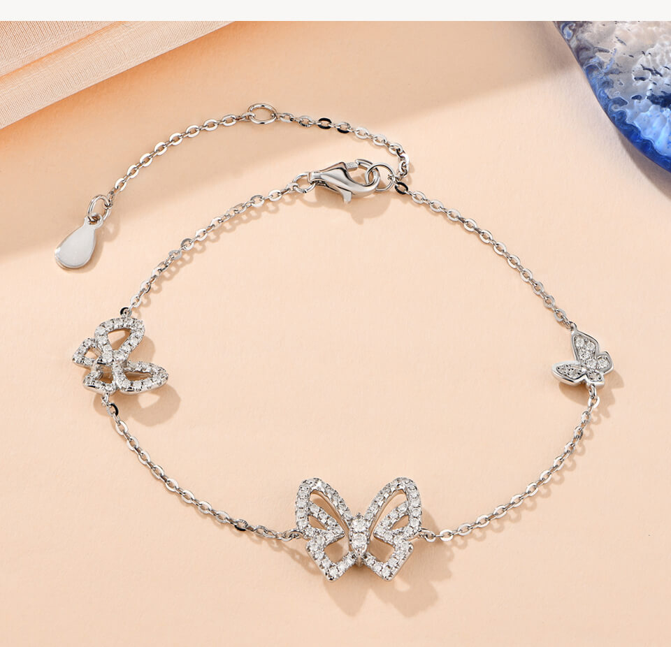 Three Butterfly Moissanite Sterling Silver Bracelet