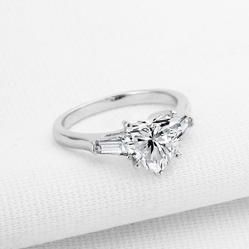 Three Stone Heart Moissanite Tapered Baguette Engagement Ring