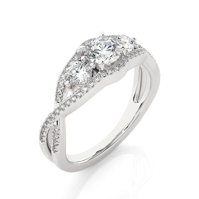 Three Stone Moissanite Split Shank Twisted Pave Engagement Ring