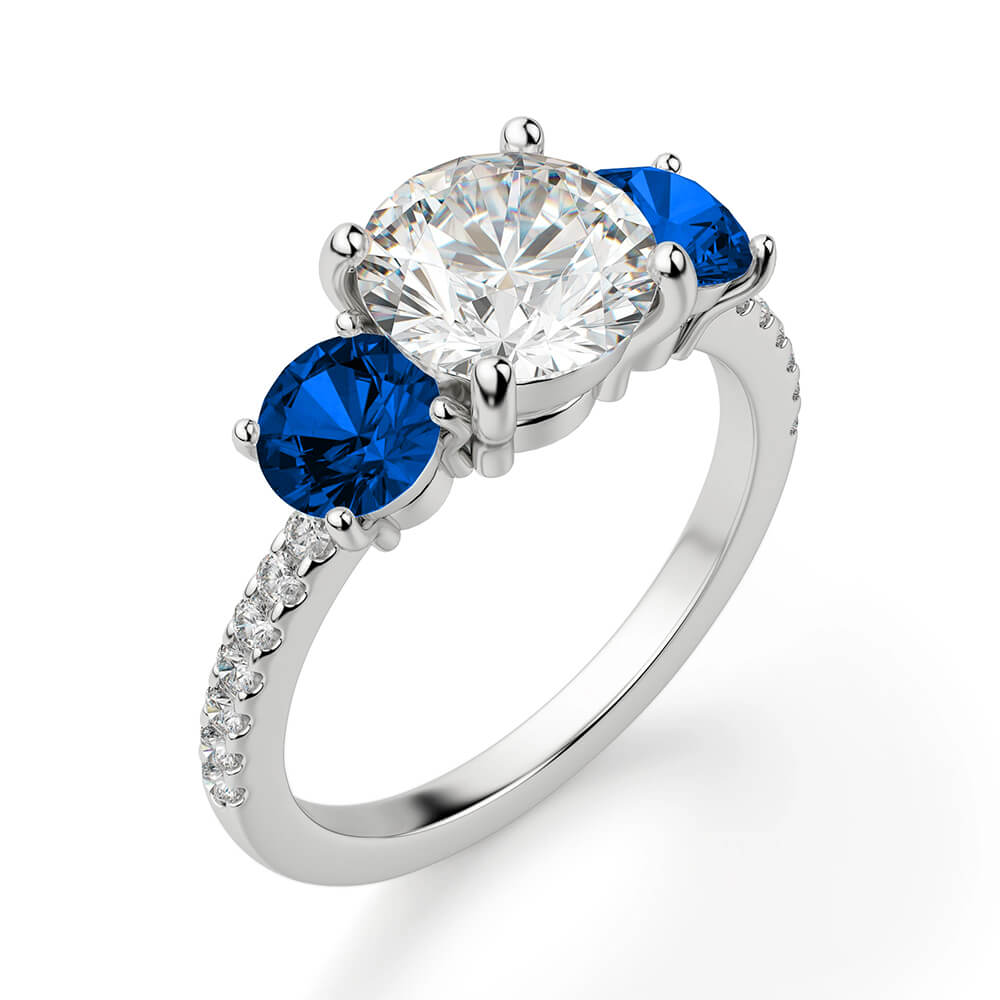 Three Stone Moissanite and Blue Sapphire Pave Engagement Ring