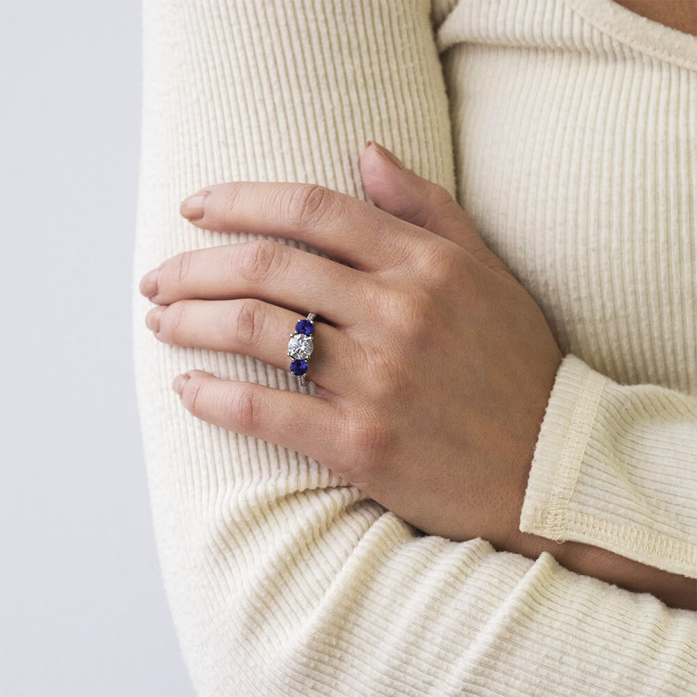 Three Stone Moissanite and Blue Sapphire Pave Engagement Ring