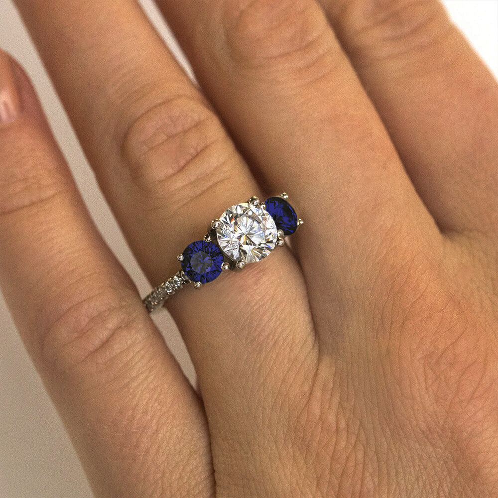 Three Stone Moissanite and Blue Sapphire Pave Engagement Ring