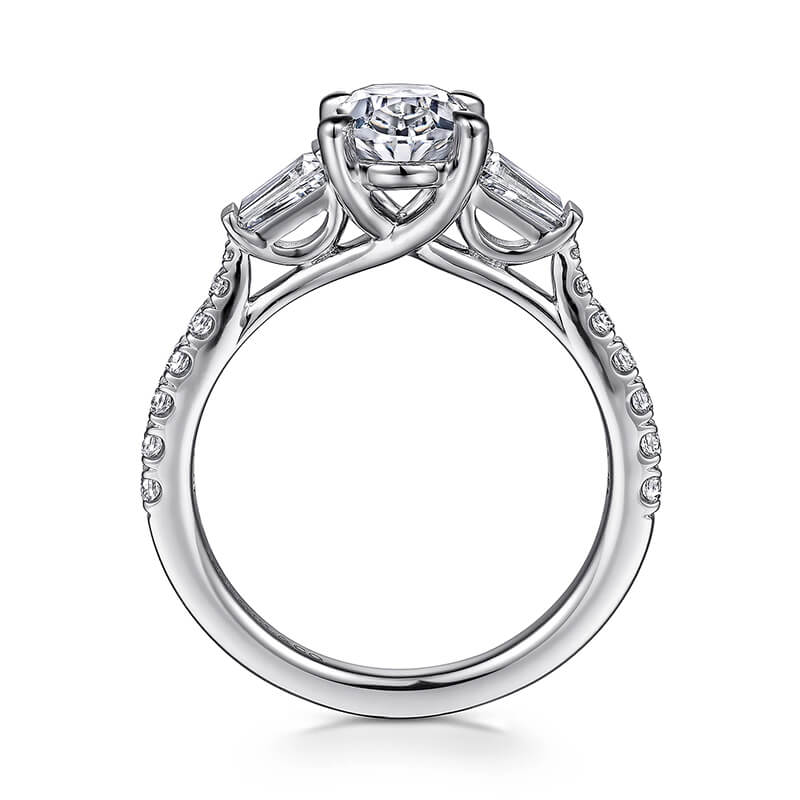 Three Stone Oval Moissanite And Tapered Baguette Pave Engagement Ring