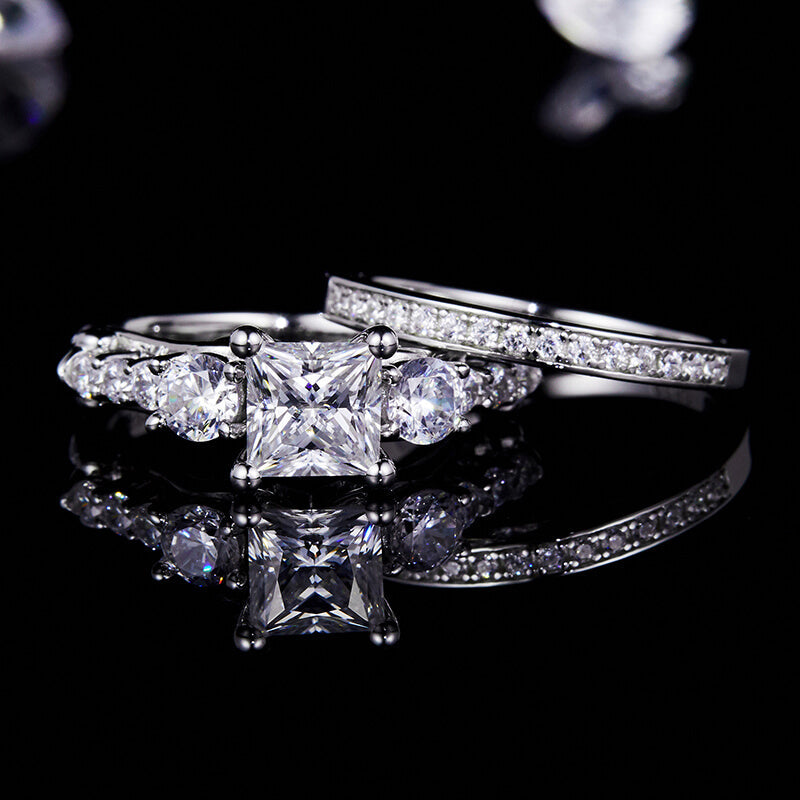 Three Stone Princess Moissanite Accents Bridal Engagement Ring Set