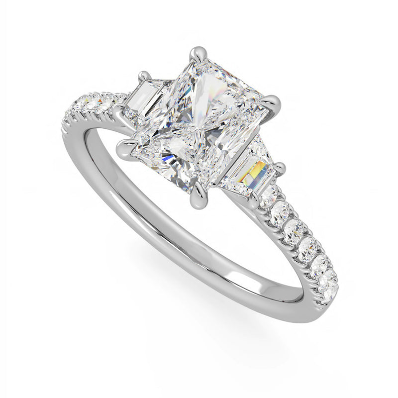 Three Stone Radiant Moissanite And Trapezoid Sidestone Pave Engagement Ring