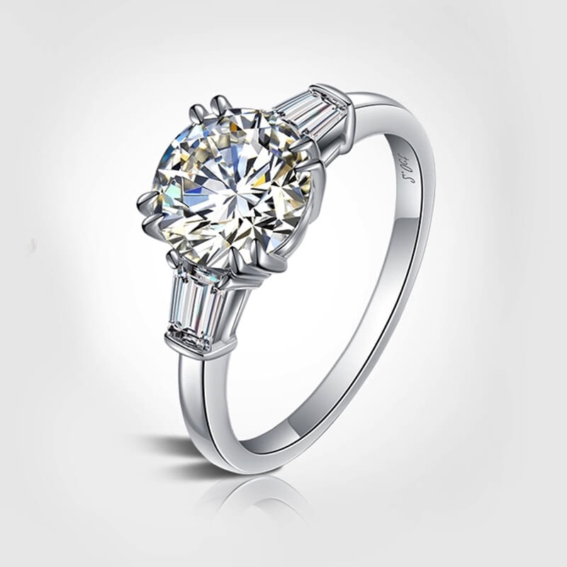 Three Stone Round Moissanite Tapered Baguette Engagement Ring