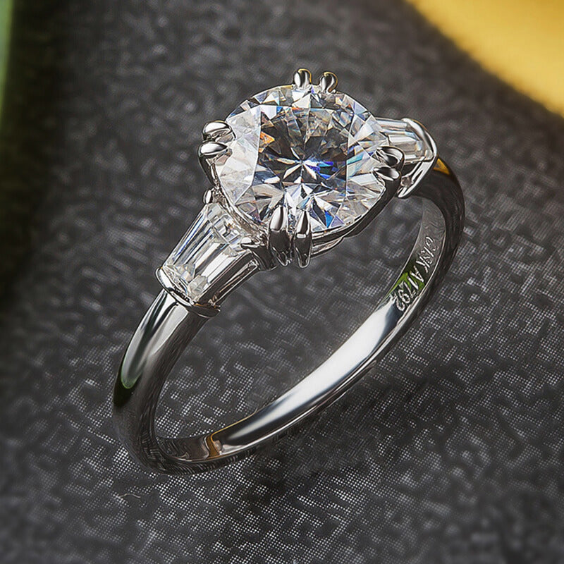 Three Stone Round Moissanite Tapered Baguette Engagement Ring