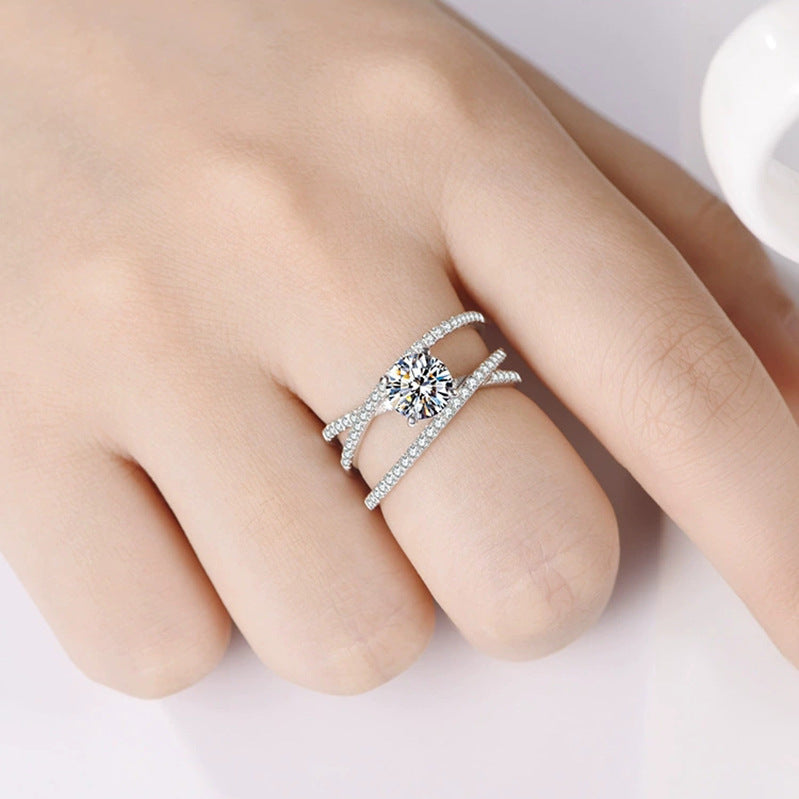 Triple Row Criss-Cross Moissanite Pave Engagement Ring