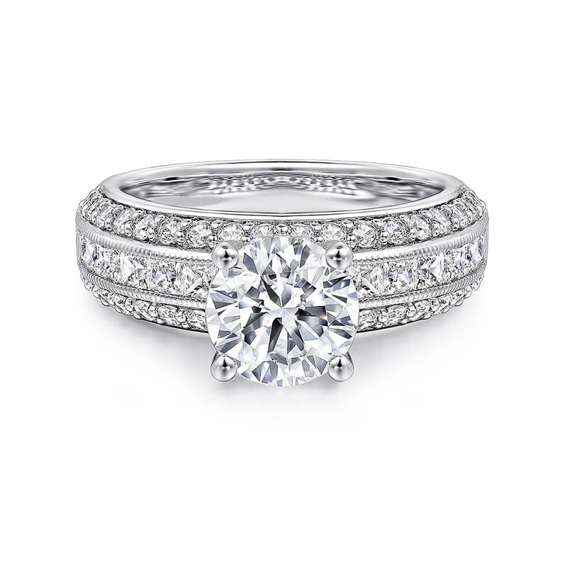 Wide Band Round Moissanite Triple Pave Engagement Ring