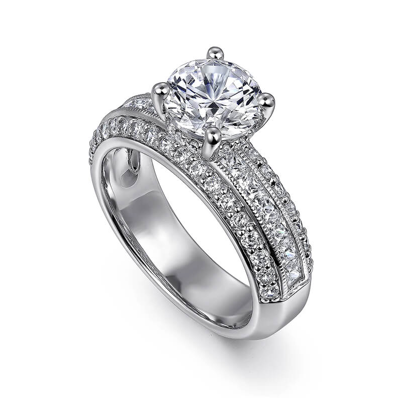 Wide Band Round Moissanite Triple Pave Engagement Ring