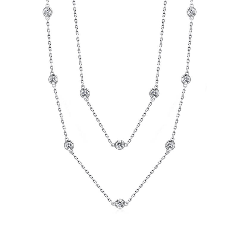 Layered Spaced Bezel Set Round Moissanite Sterling Silver Necklace