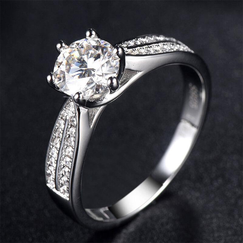 Round Moissanite Six Prong Pave Engagement Ring